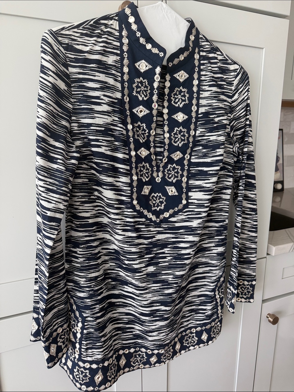 Tory Burch Navy and White Embroidered Patterned Tunic